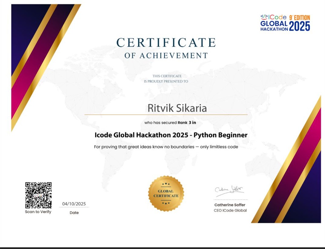 Ritvik Sikaria Wins Bronze at iCode Global Hackathon 2025!