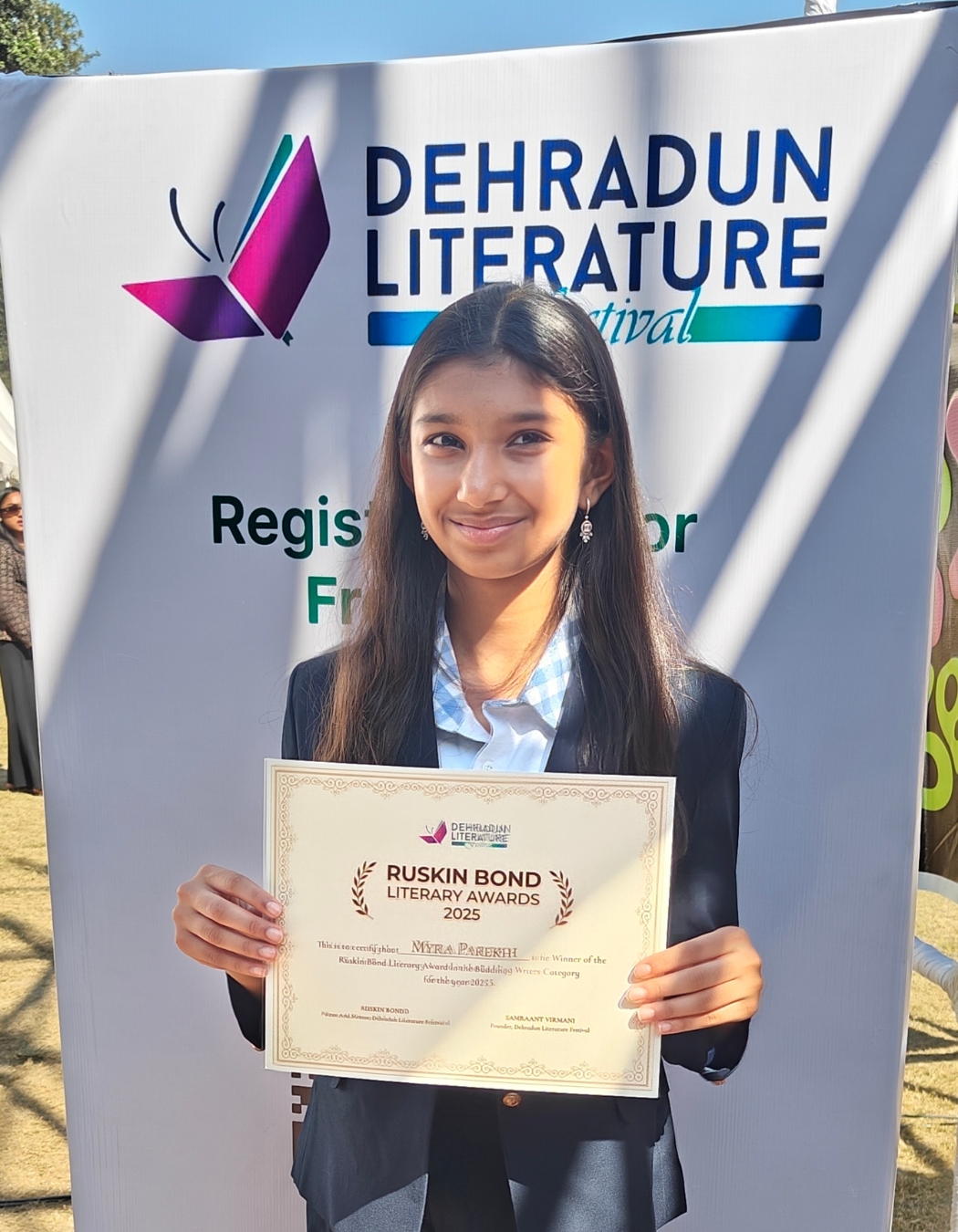 Myra Parekh from Grade 6A has been declared the "WINNER" of the Ruskin Bond Literary Awards 2025 in the Budding Writer category at the Dehradun Literature Festival 2025