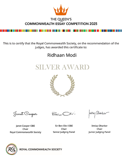 Ridhaan Modi Wins Silver at the Queen’s Commonwealth Essay Competition 2025