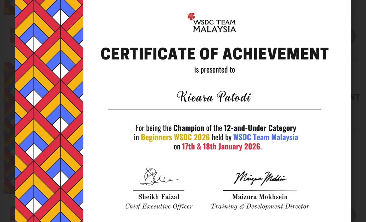 Kieara Patodi Wins WSDC Malaysia Debate Championship  