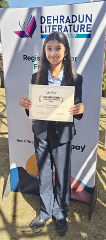 Myra Parekh from Grade 6A has been declared the "WINNER" of the Ruskin Bond Literary Awards 2025 in the Budding Writer category at the Dehradun Literature Festival 2025