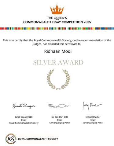 Ridhaan Modi Wins Silver at the Queen’s Commonwealth Essay Competition 2025