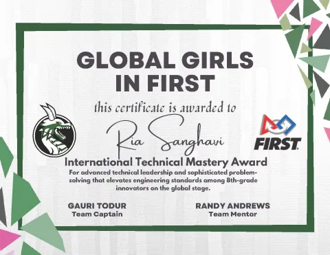 Global Honour for Ria Sanghavi at Girls in FIRST 2026