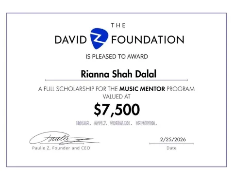 Rianna Dalal of 6 A Awarded Prestigious $7,500 Music Scholarship!