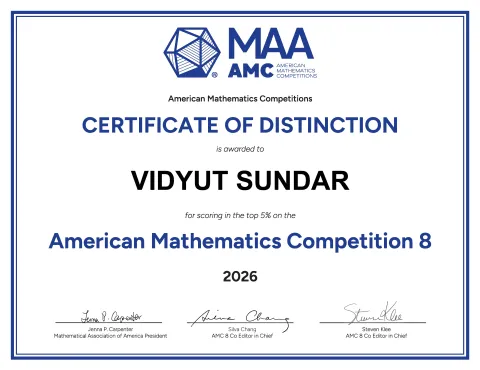 Vidyut Sundar Achieves Distinction in AMC 8 2026