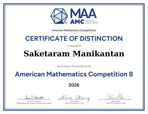 Saketaram Manikantan Excels in American Mathematics Competitions